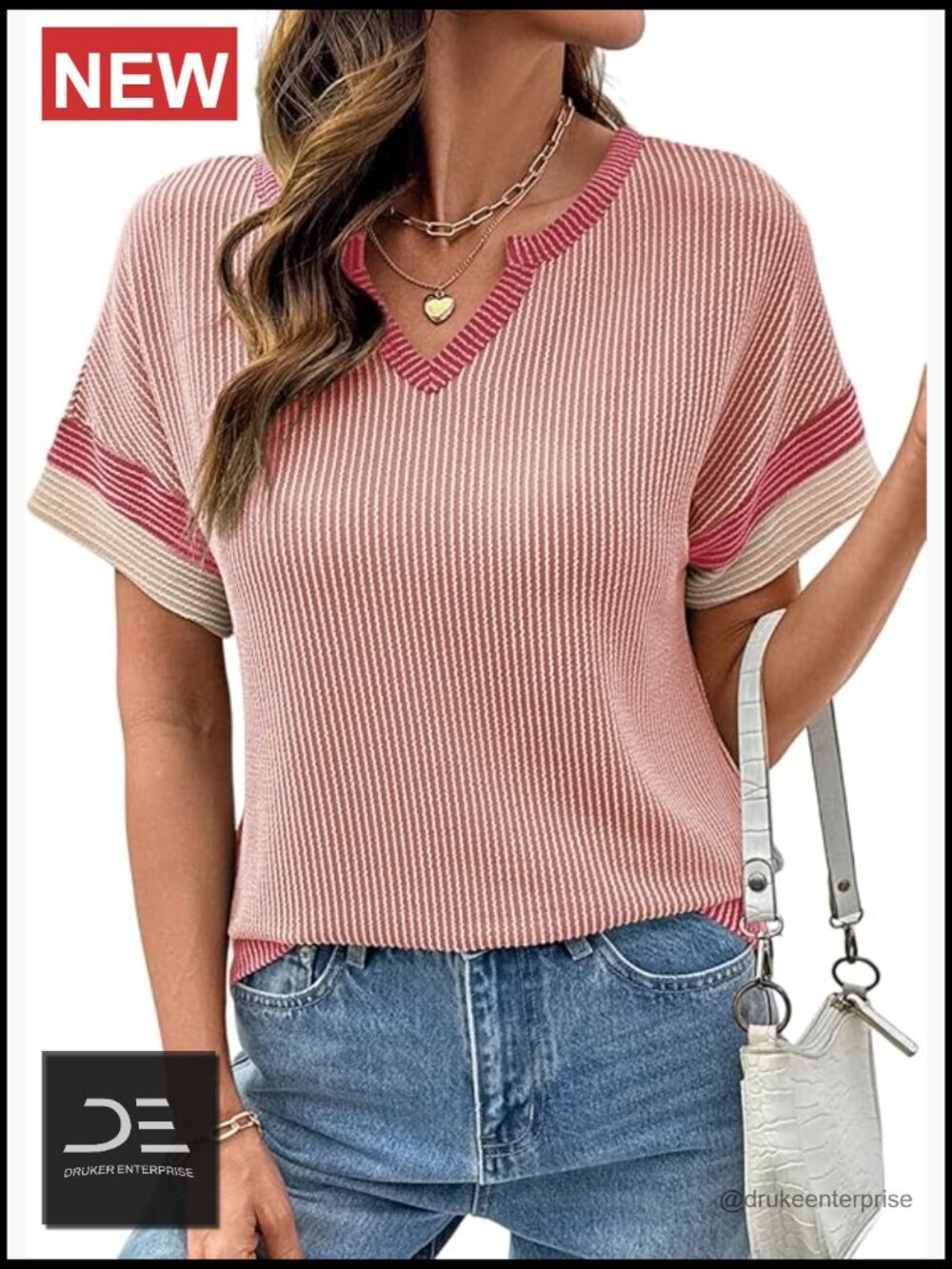 Colorblock V Neck Short Sleeve T Shirt Lightweight Ribbed Knit Casual
